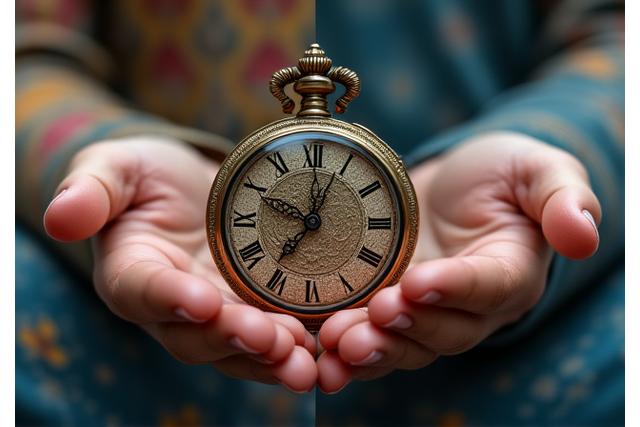 Image sereine d'une horloge ancienne et de mains en position de méditation